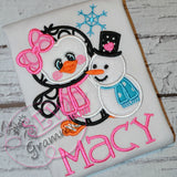 Penguin Girl Applique Design w/ Snowman