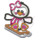 Penguin Girl Applique Design w/ Sled