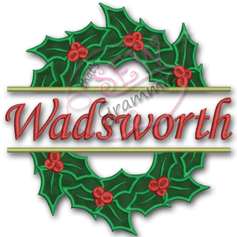 Split Holly Wreath LARGE Applique Design