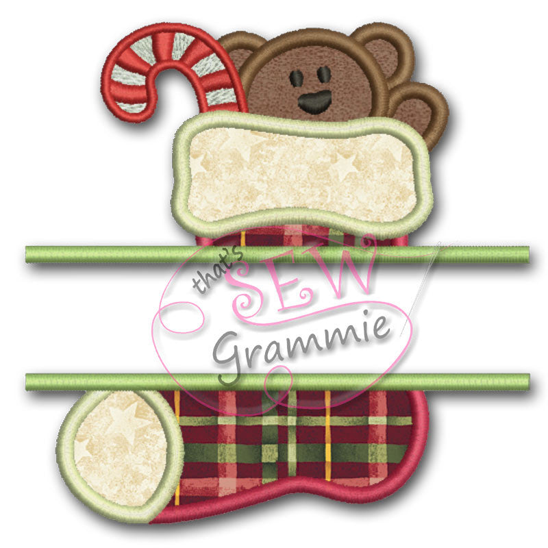 Split Stocking Applique Design w/ Teddy Bear