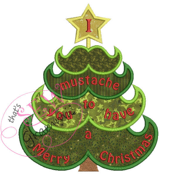 Mustache Christmas Tree Applique Design 7.8x9