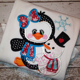 Penguin Girl Applique Design w/ Snowman