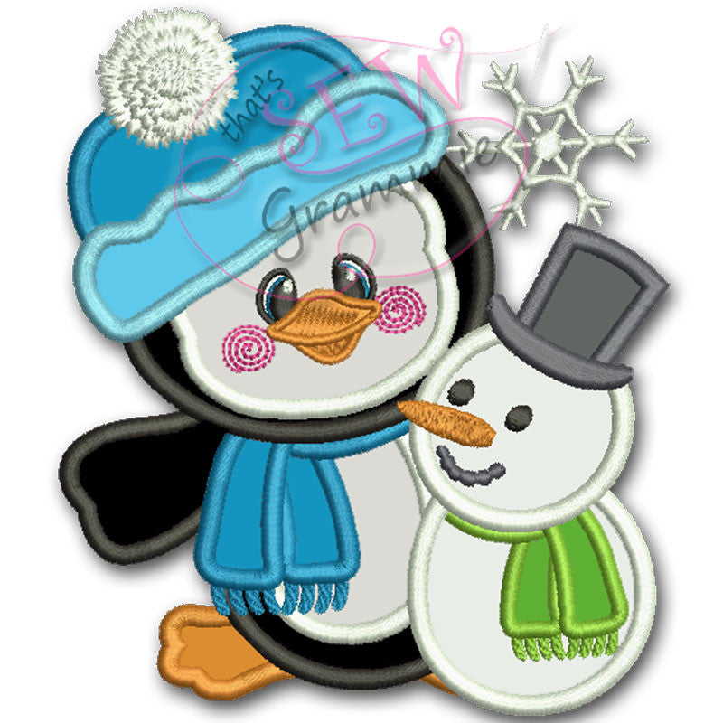 Penguin Boy Applique Design w/ Snowman