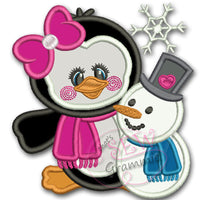 Penguin Girl Applique Design w/ Snowman