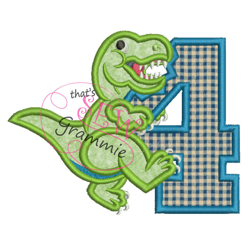 T Rex Birthday Applique Design Number FOUR T-Rex