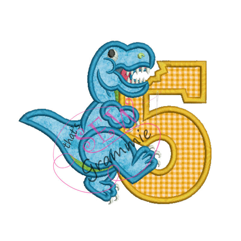 T Rex Birthday Applique Design Number FIVE T-Rex
